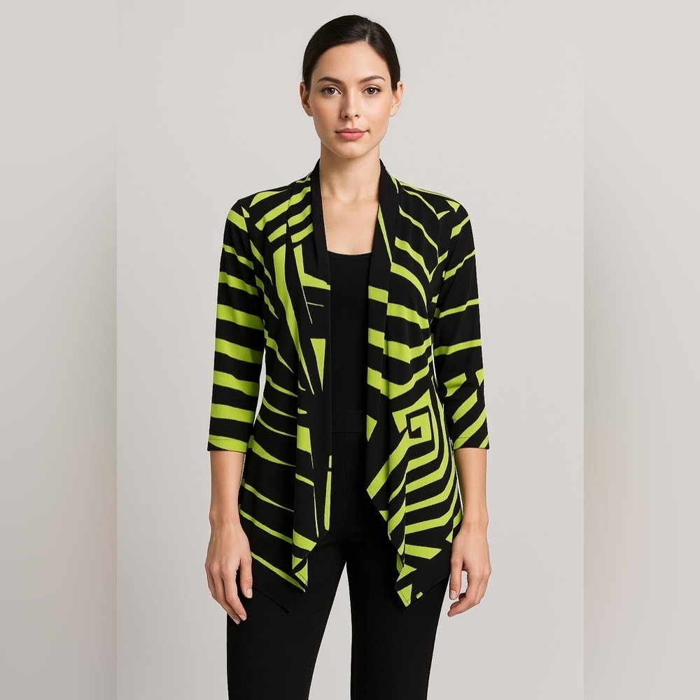 Frank Lyman Design Open Front Cardigan Jacket Women’s 10 Lime Black Abstract R7